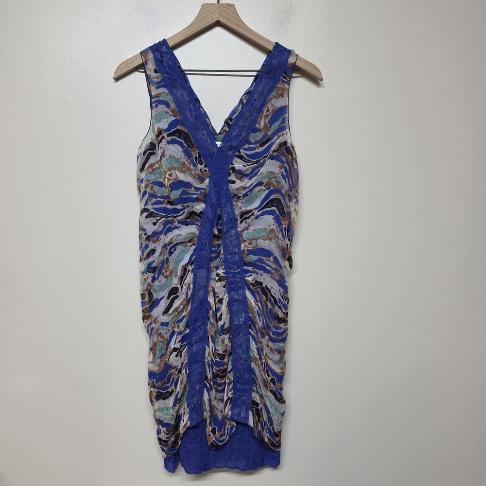 Missoni Y2K Silk Dress Blue Abstract Print Lace Trim Italy Designer Boho Chic‎ 6